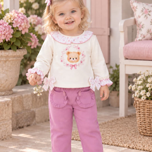Chándal de bebé niña de dos piezas con sudadera de osito y pantalón malva con volantes Diverchic 622104017 (Modelo 4017)