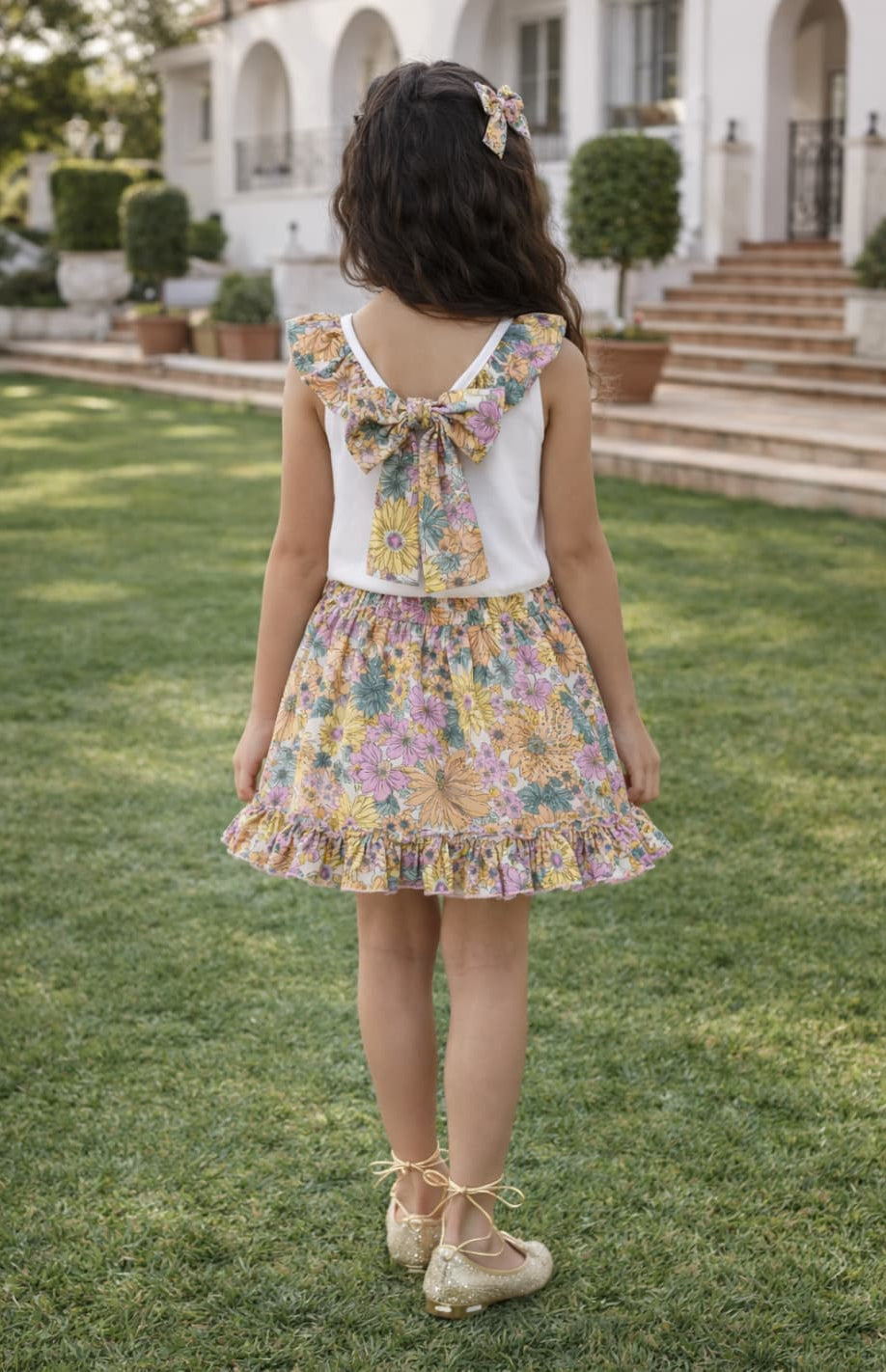 Conjunto niña gasa flores con lúrex Alma Petit 622005036 – Falda y camiseta verano