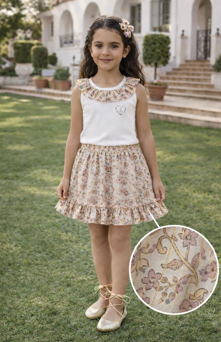 Conjunto niña gasa flores con lúrex Alma Petit 622005036 – Falda y camiseta verano