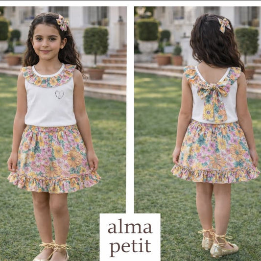 Conjunto niña gasa flores con lúrex Alma Petit 622005036 – Falda y camiseta verano