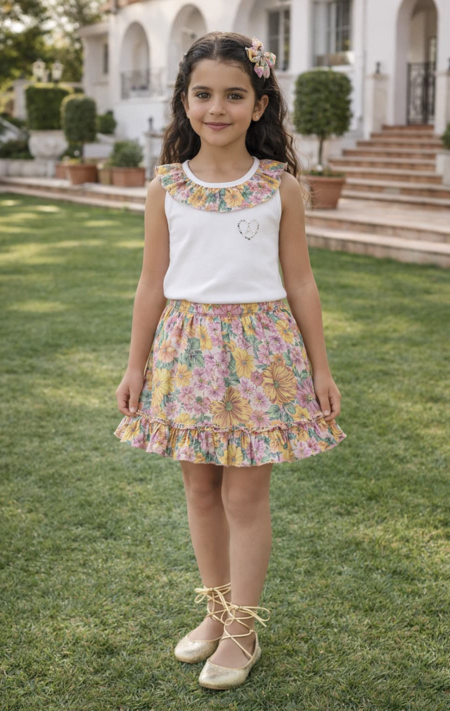 Conjunto niña gasa flores con lúrex Alma Petit 622005036 – Falda y camiseta verano