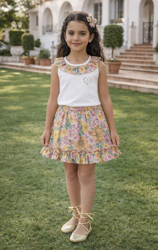 Conjunto niña gasa flores con lúrex Alma Petit 622005036 – Falda y camiseta verano