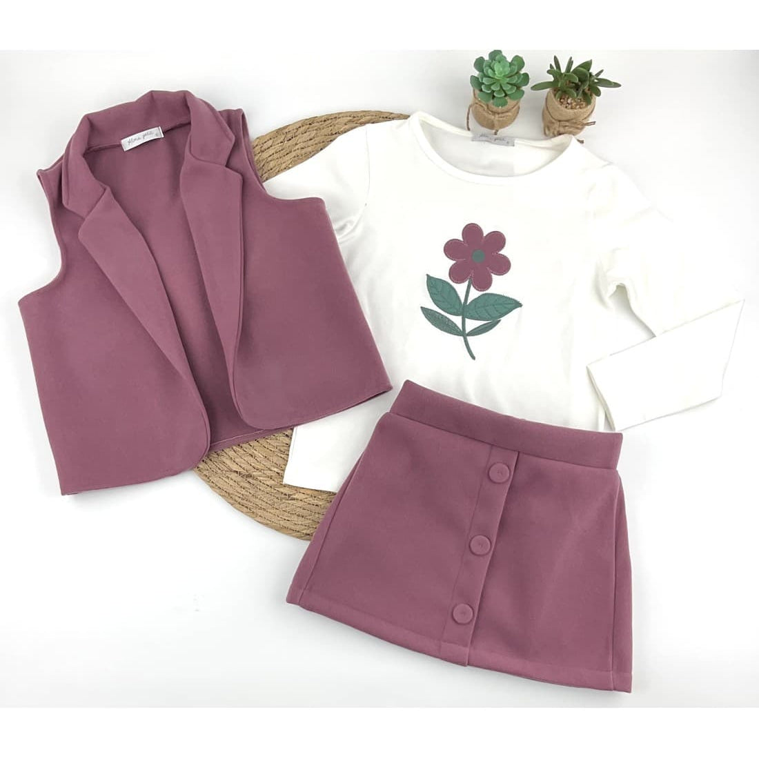 Alma Petit 522107017 Conjunto Coelho Menina T-Shirt Bordada e Saia Azul com Laço Vichy 