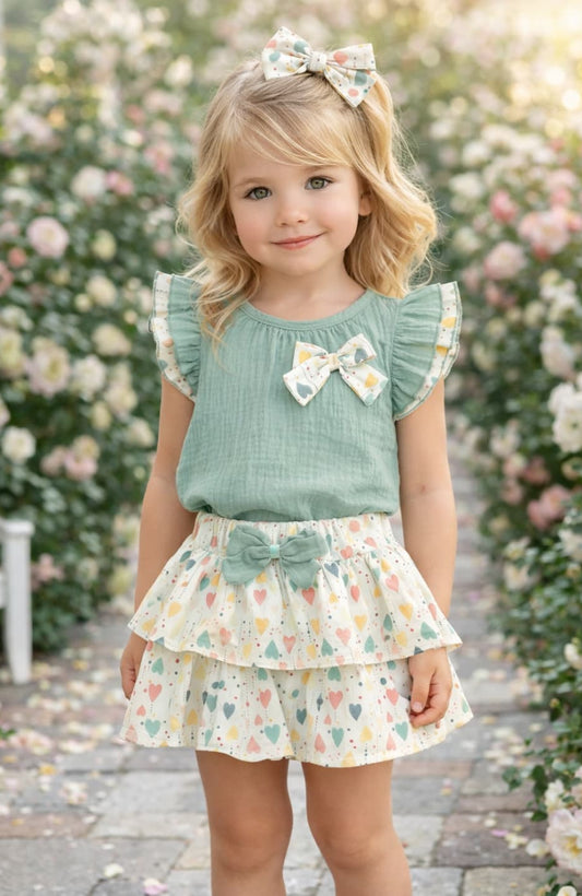 Conjunto niña corazones camisa y falda – Alma Petit 622005004
