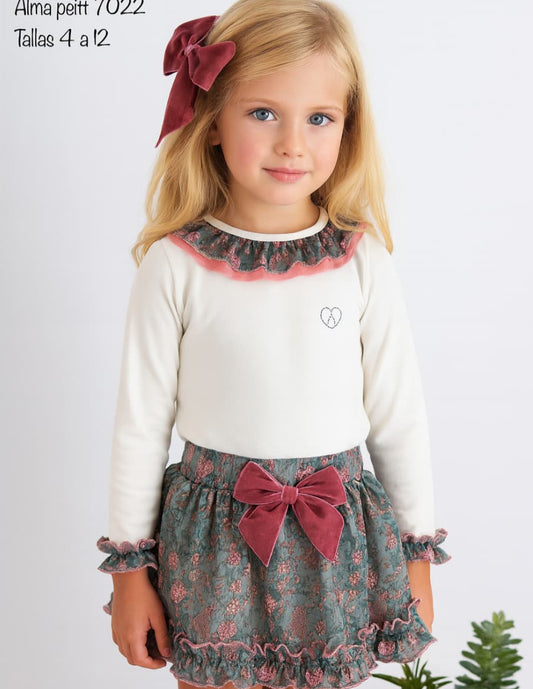 Ensemble fille Alma Petit 522107022 : t-shirt écru et jupe fleurie avec nœud rose 