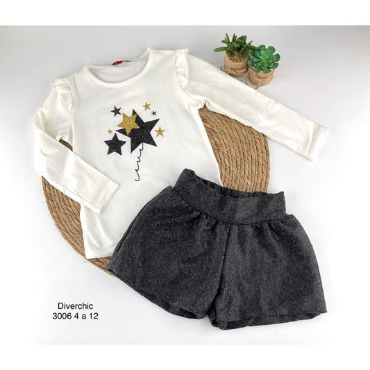 Conjunto niña Diverchic 522103006 Brilli Camiseta blanca y short lana gris con lentejuelas