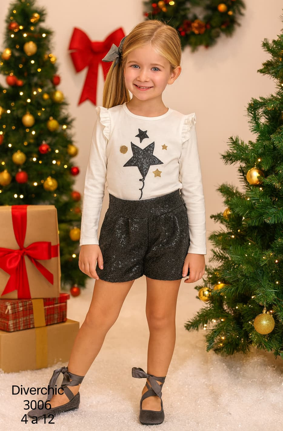 Ensemble fille Diverchic 522103006 Brilli : t-shirt blanc et short en laine gris à paillettes 