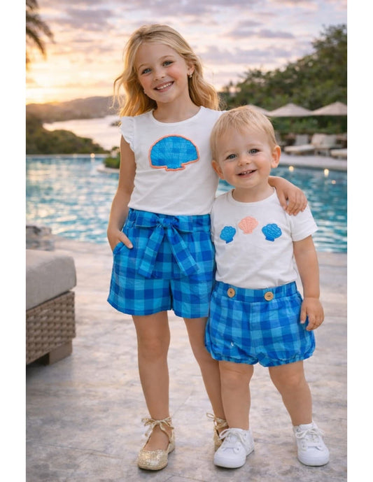 Conjunto bebé niño con conchas y cuadritos Diverchic 622004016 – Fresco, cómodo y veraniego 🐚💙