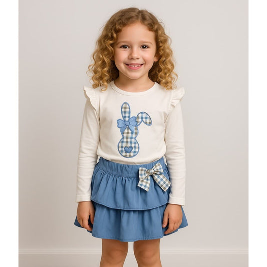 Conjunto niña Alma Petit 522107017 Conejo Camiseta bordada y falda azul con lazo vichy