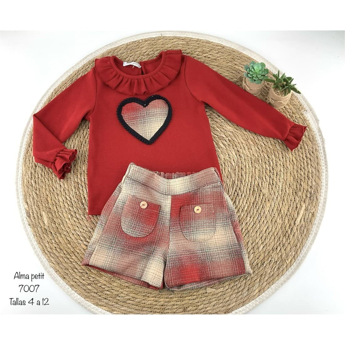 Conjunto niña Alma Petit 522107007 Corazón Camiseta granate y short tartán