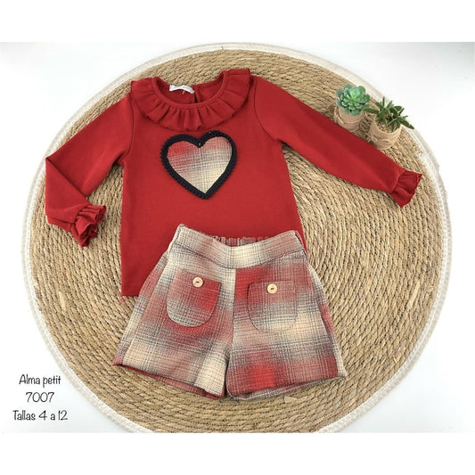 Conjunto niña Alma Petit 522107007 Corazón Camiseta granate y short tartán