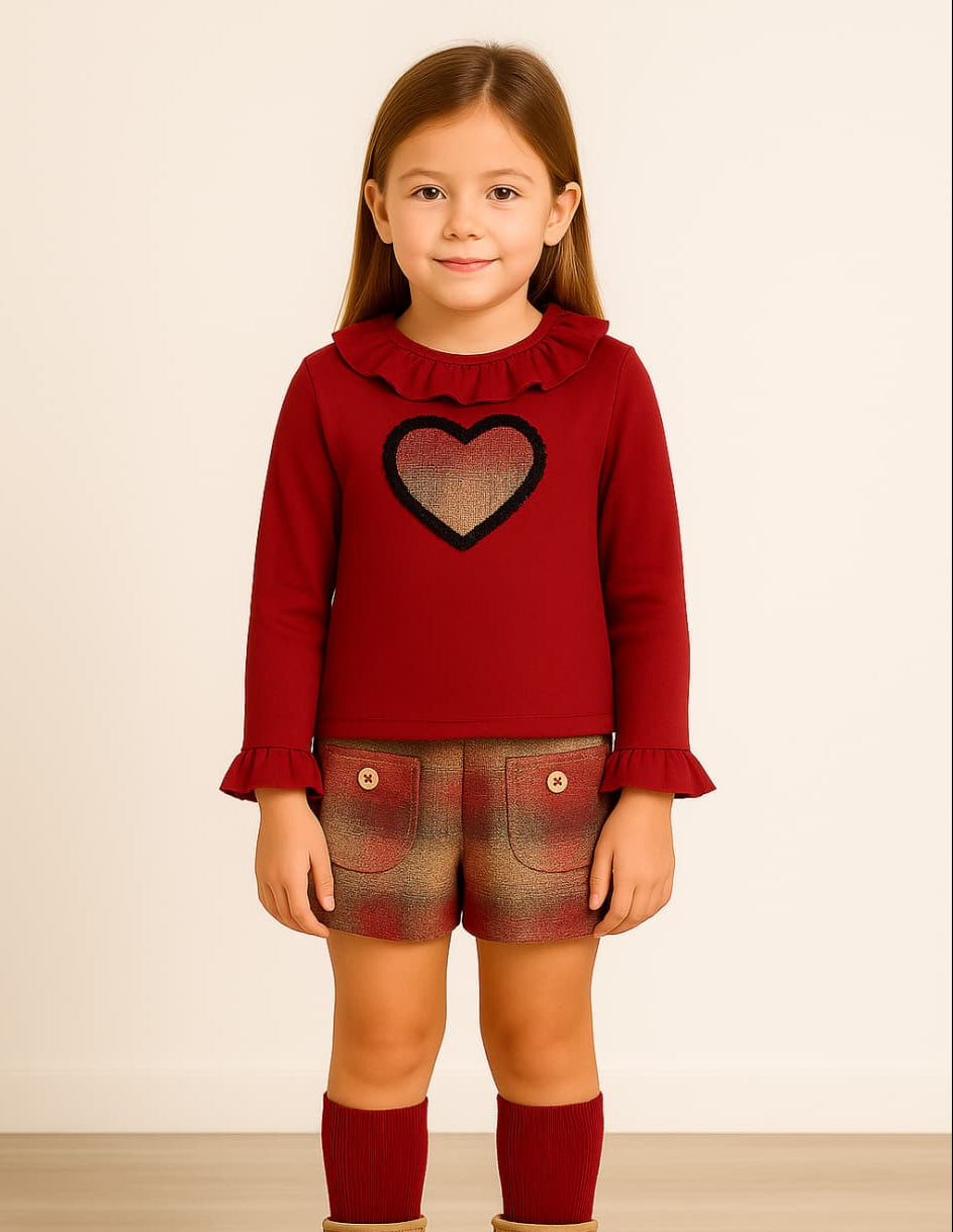 Conjunto niña Alma Petit 522107007 Corazón Camiseta granate y short tartán