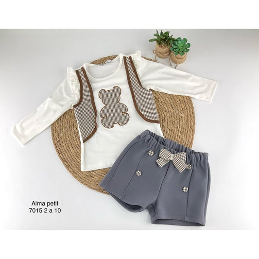 Conjunto niña Alma Petit 522107015 Ositos Camiseta bordada y short gris con lazo vichy