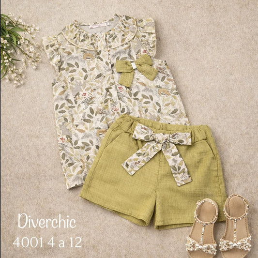 Conjunto niña con short de lino Diverchic 622004001 – Blusa estampada verano