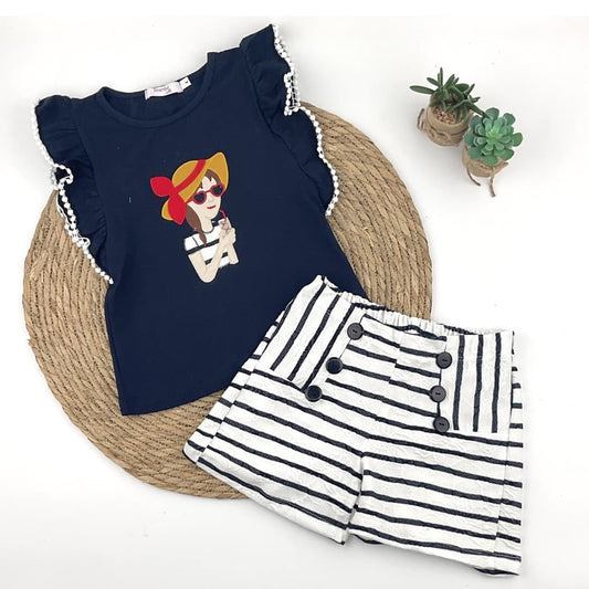 Conjunto niña short marinero Diverchic 622004009 – Camiseta azul marino y pantalón corto rayas