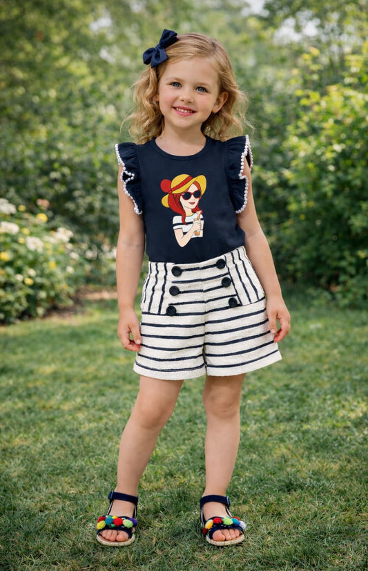 Conjunto niña short marinero Diverchic 622004009 – Camiseta azul marino y pantalón corto rayas