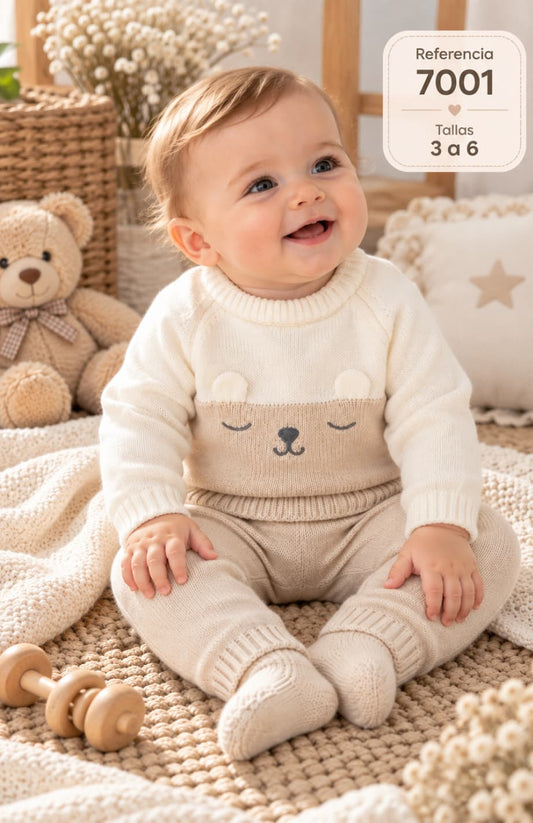 Conjunto de punto tricot para bebé en crudo y arena con osito y pantalón sin pie Talaman 621107001 (Modelo 7001)