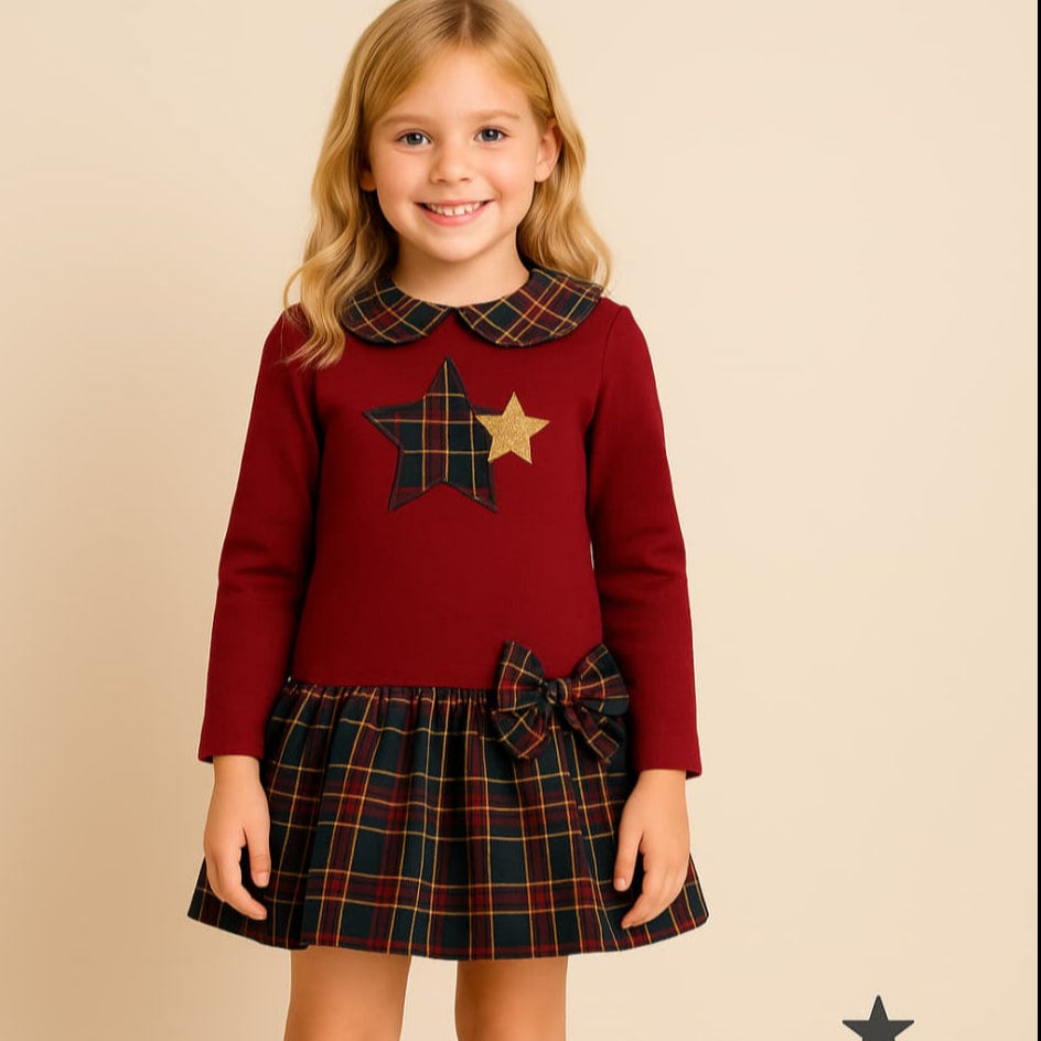 Vestido para menina Alma Petit 522107003, detalhes em estrela de pelúcia granada e xadrez 