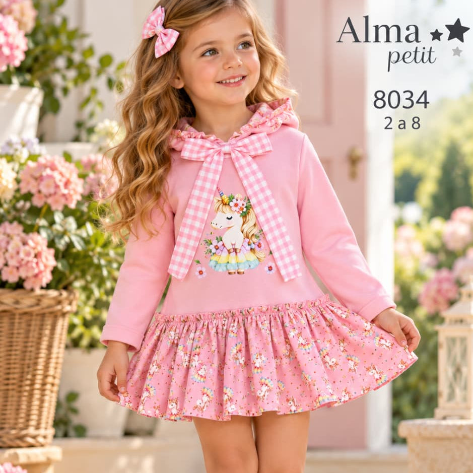 Vestido para niña rosa con estampado de unicornio, lazo vichy y falda con vuelo Alma Petit 622108034 (Modelo 8034)