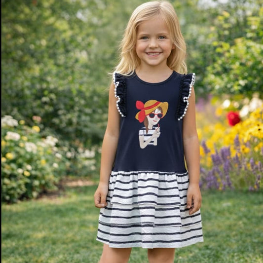 Vestido niña marinero Diverchic 6220004010 – Vestido azul marino con falda de rayas