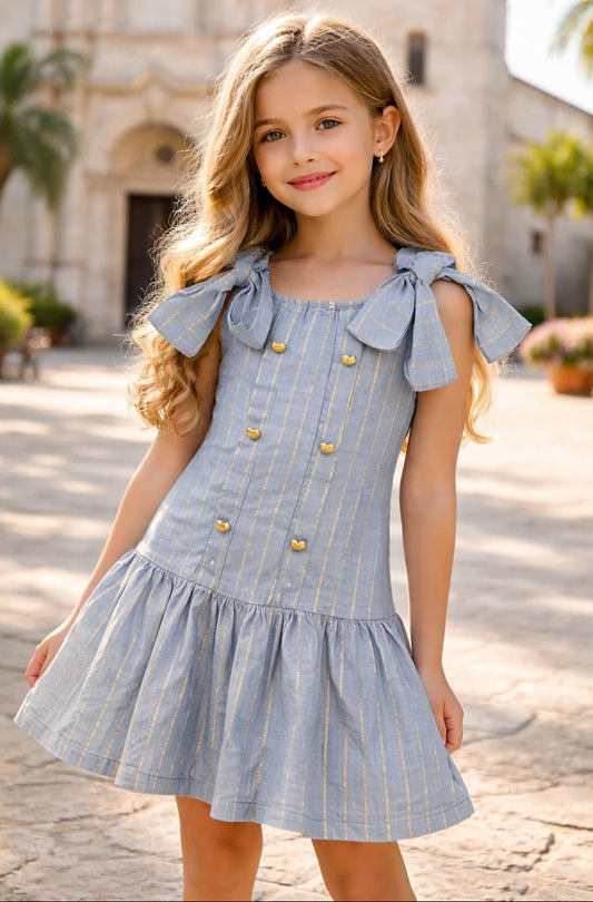 Vestido niña rayas con detalles dorados Alma Petit 622004019 – Elegante y luminoso ✨