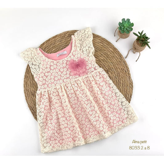 Vestido niña rosa empolvado con margaritas y lazo tul Alma Petit 522008033