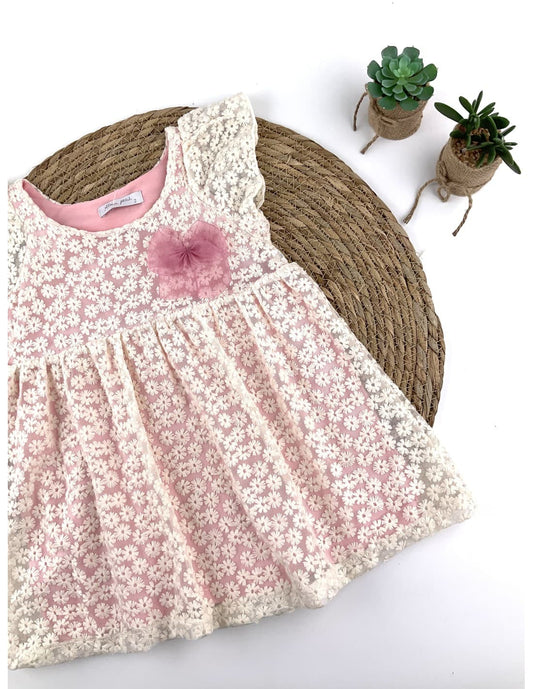 Vestido niña rosa empolvado con margaritas y lazo tul Alma Petit 522008033