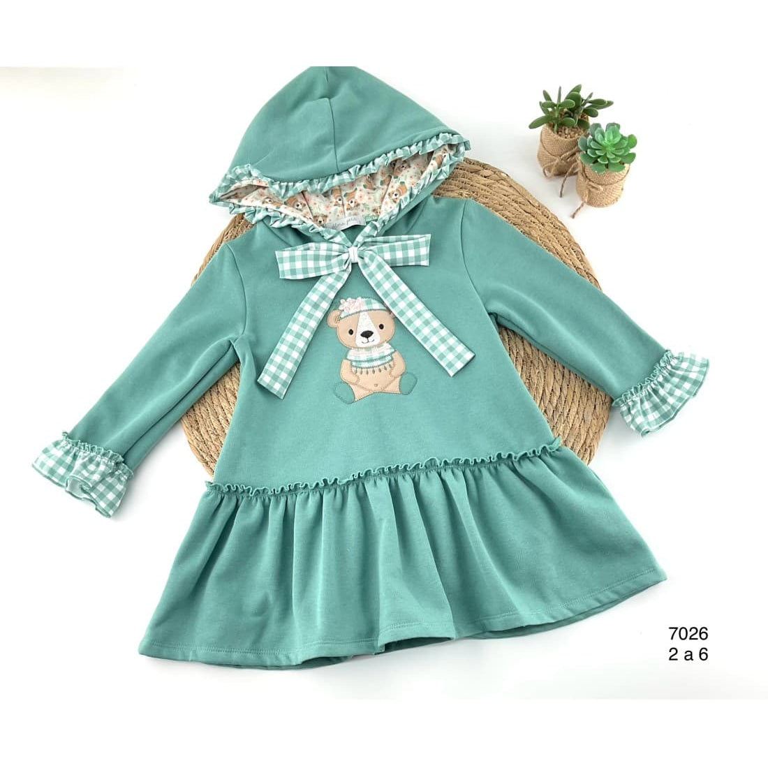 Vestido para menina Alma Petit 522107003, detalhes em estrela de pelúcia granada e xadrez 