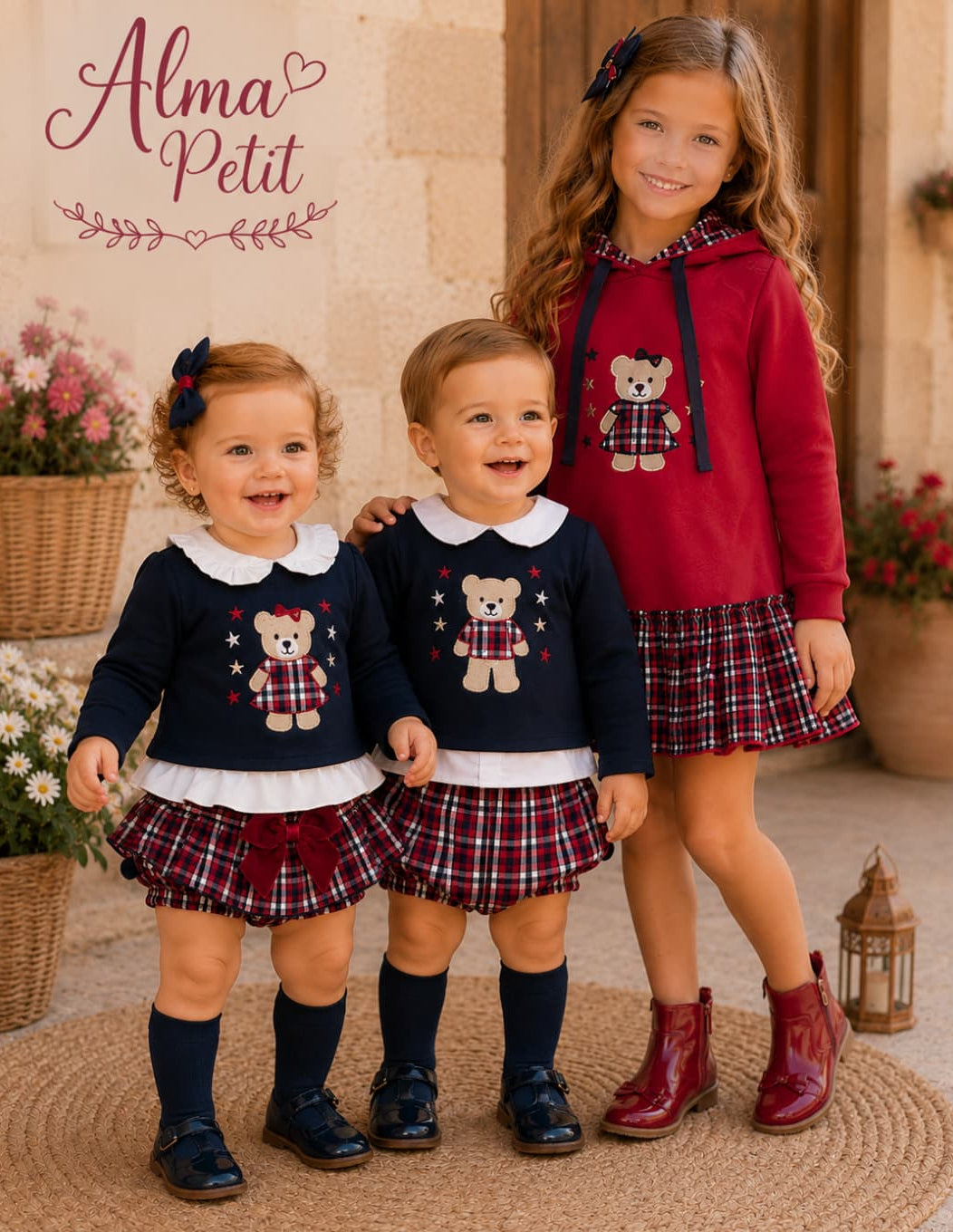 Vestido niña con capucha y falda de cuadros | Alma Petit 622108010