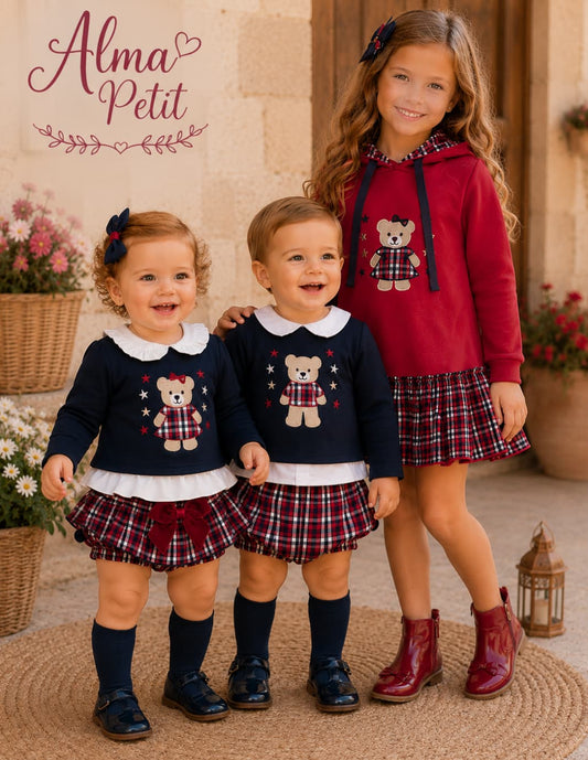 Vestido niña con capucha y falda de cuadros | Alma Petit 622108010