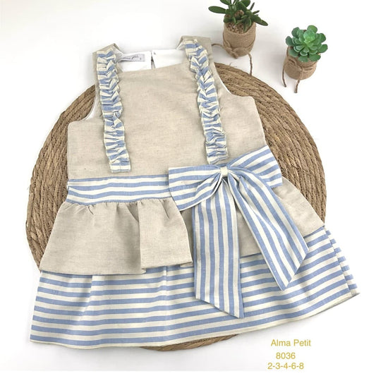 Vestido niña de lino beige con rayas celeste y lazada Alma Petit 522008036