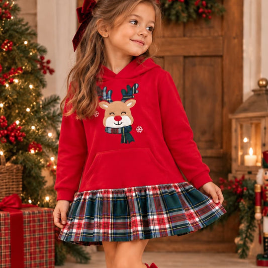 Vestido navideño para niña con capucha y falda de cuadros escoceses Alma Petit (Ref. 622108036)