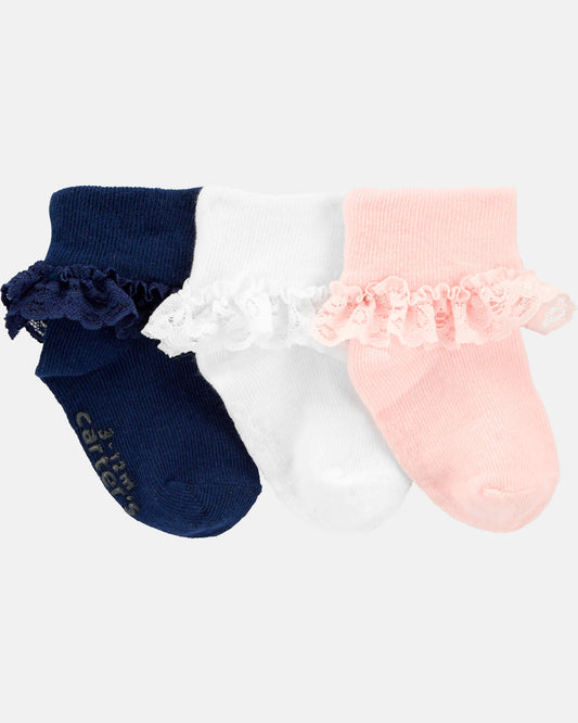 Pack 3 calcetines con volantes en rosa, blanco y azul marino