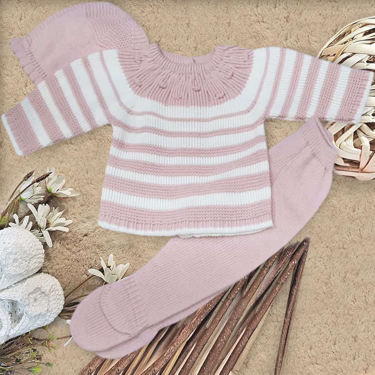 Conjunto Lupetto Brisa rosa 20 lã bebé Três peças macias e quentinhas 