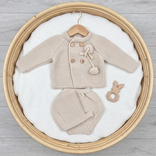 Conjunto de primera puesta para bebé arena con chaqueta, cubrepañal y capota MyBabychic 2456 Lana 100% acrílica
