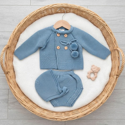 Conjunto de primera puesta para bebé azul petróleo con chaqueta, cubrepañal y capota Lana 100% acrílica Mybabychic 2456