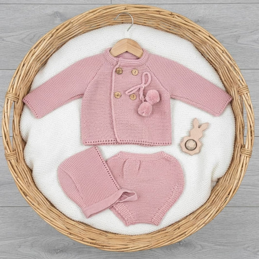 Conjunto de primera puesta para bebé con jersey, cubrepañal y capota rosa 2456 Lana 100% acrílica | MyBabyChic