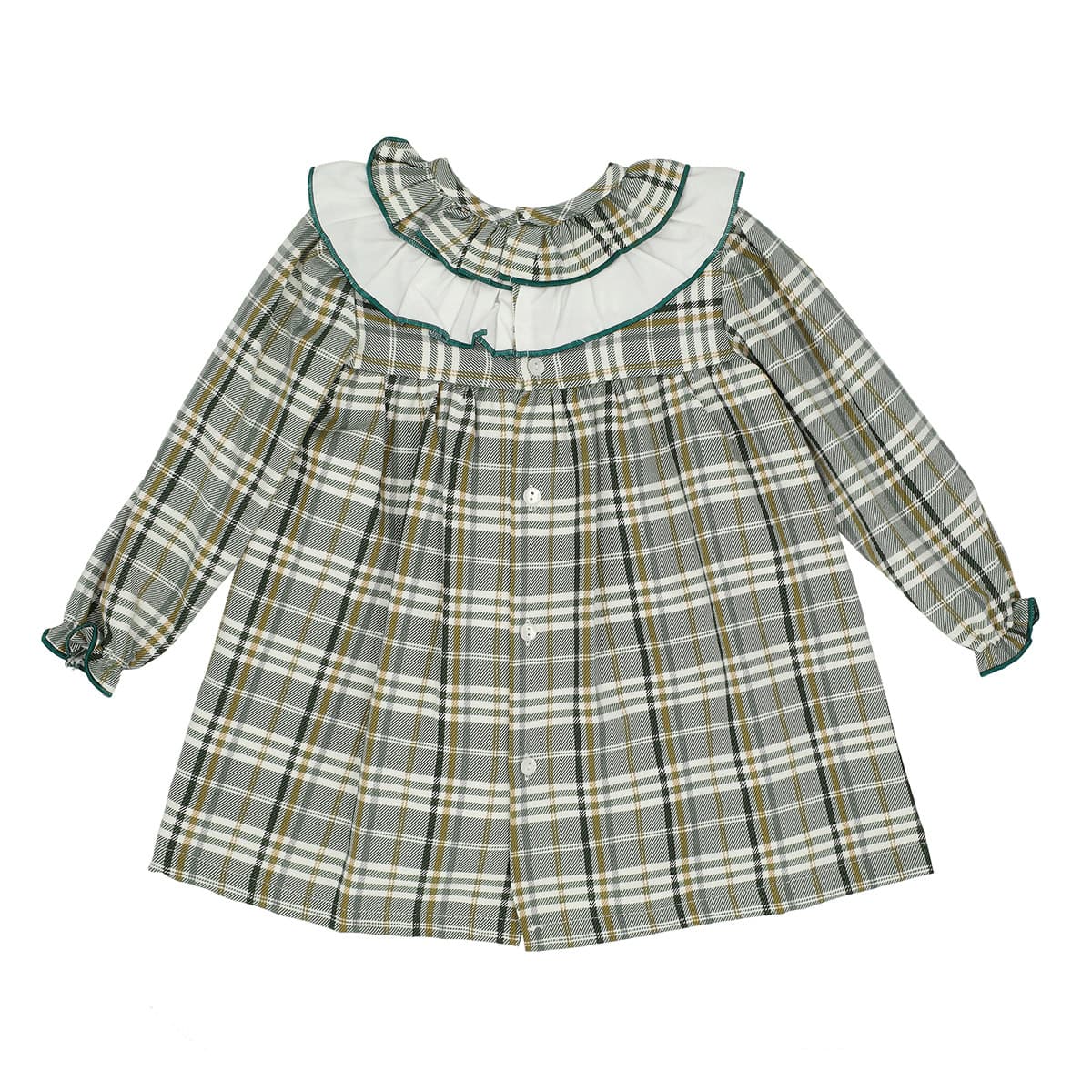 Vestido infantil de manga larga a cuadros con cuello batista y borlas Baby Ferr 24656 - Fabricado en España