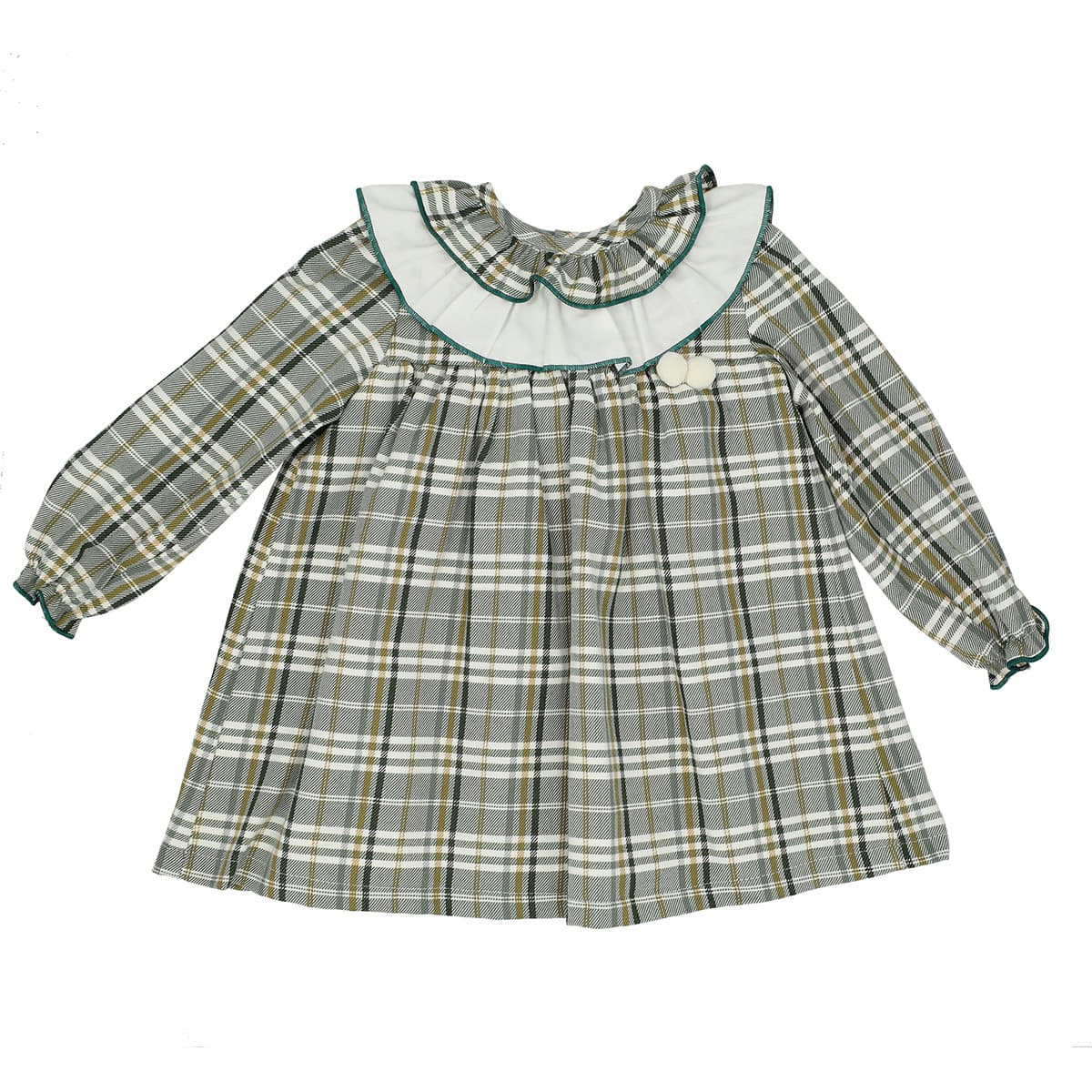 Vestido infantil de manga larga a cuadros con cuello batista y borlas Baby Ferr 24656 - Fabricado en España