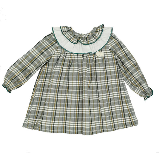 Vestido infantil de manga larga a cuadros con cuello batista y borlas Baby Ferr 24656 - Fabricado en España