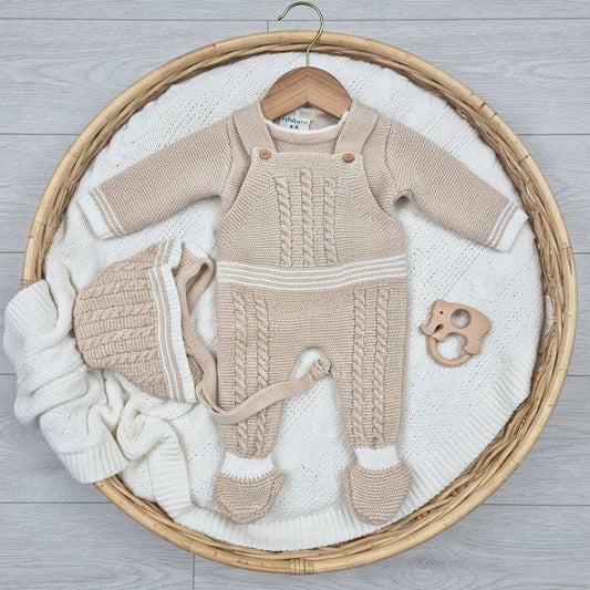 Conjunto de primera puesta para bebé con peto, jersey y capota arena Lana 100% acrílica MyBabyChic 2472