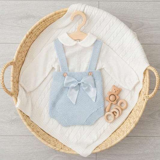 Conjunto de primera puesta celeste con cubrepañal y lazo Lana 100% acrílica MyBabyChic 2480
