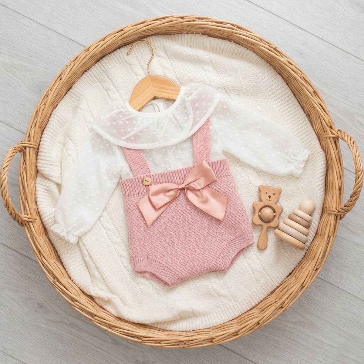 Conjunto bebé rosa con blusa de plumeti y cubrepañal Lana 100% acrílica MyBabyChic 2481