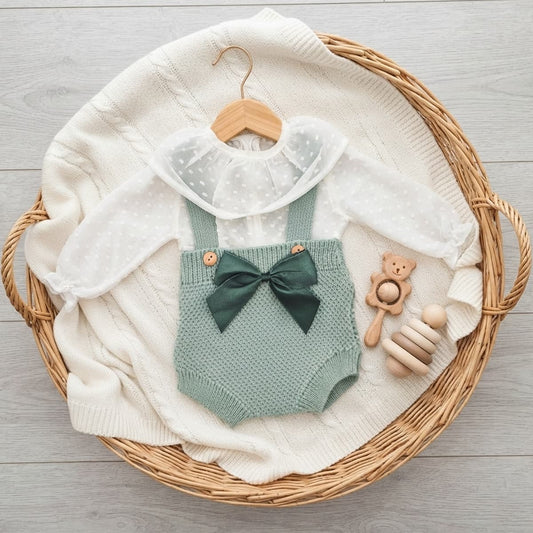 Conjunto bebé verde agua con blusa de plumeti y cubrepañal Lana 100% acrílica MyBabyChic 2481