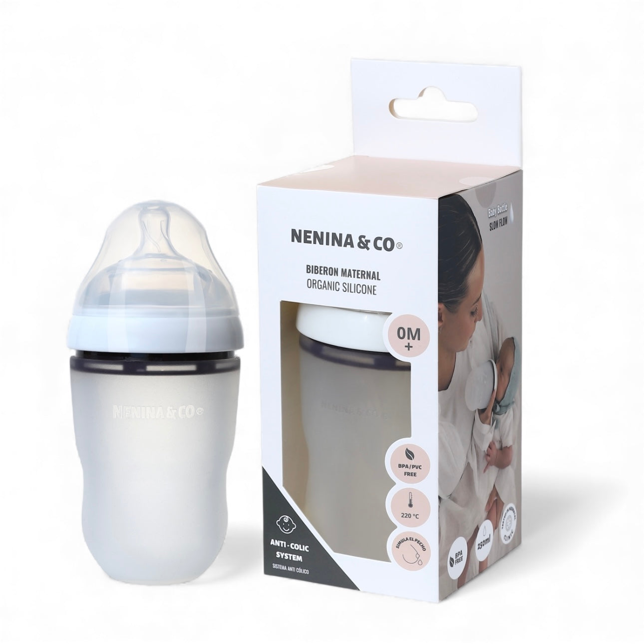 Pack Biberon Blanco flujo lento + Chupete Clásico Oliva Nenina & Co