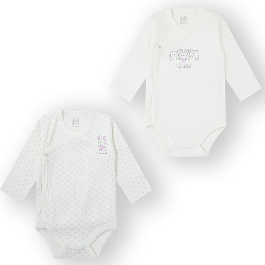 Conjunto de 2 macacões Yatsi Baby 25200113 cruzados de manga comprida branco e estampado de rato 