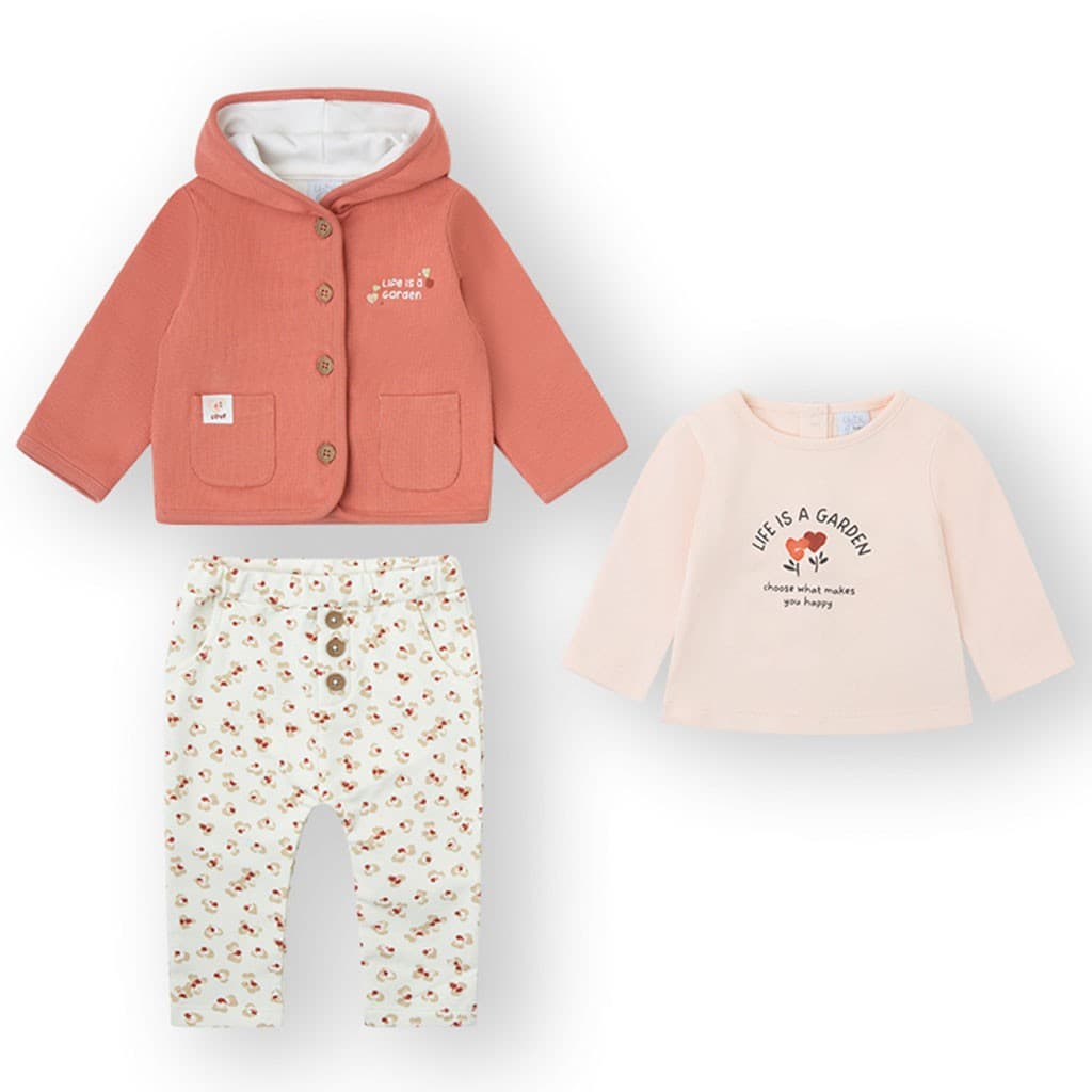 Conjunto bebé algodón tres piezas Yatsi Chaqueta con capucha, camiseta y pantalón estampado 25201501