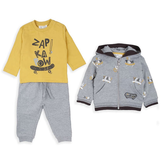 Macacão de bebé Baby Bol de 3 peças com sweatshirt, t-shirt mostarda e calças cinzentas 252037