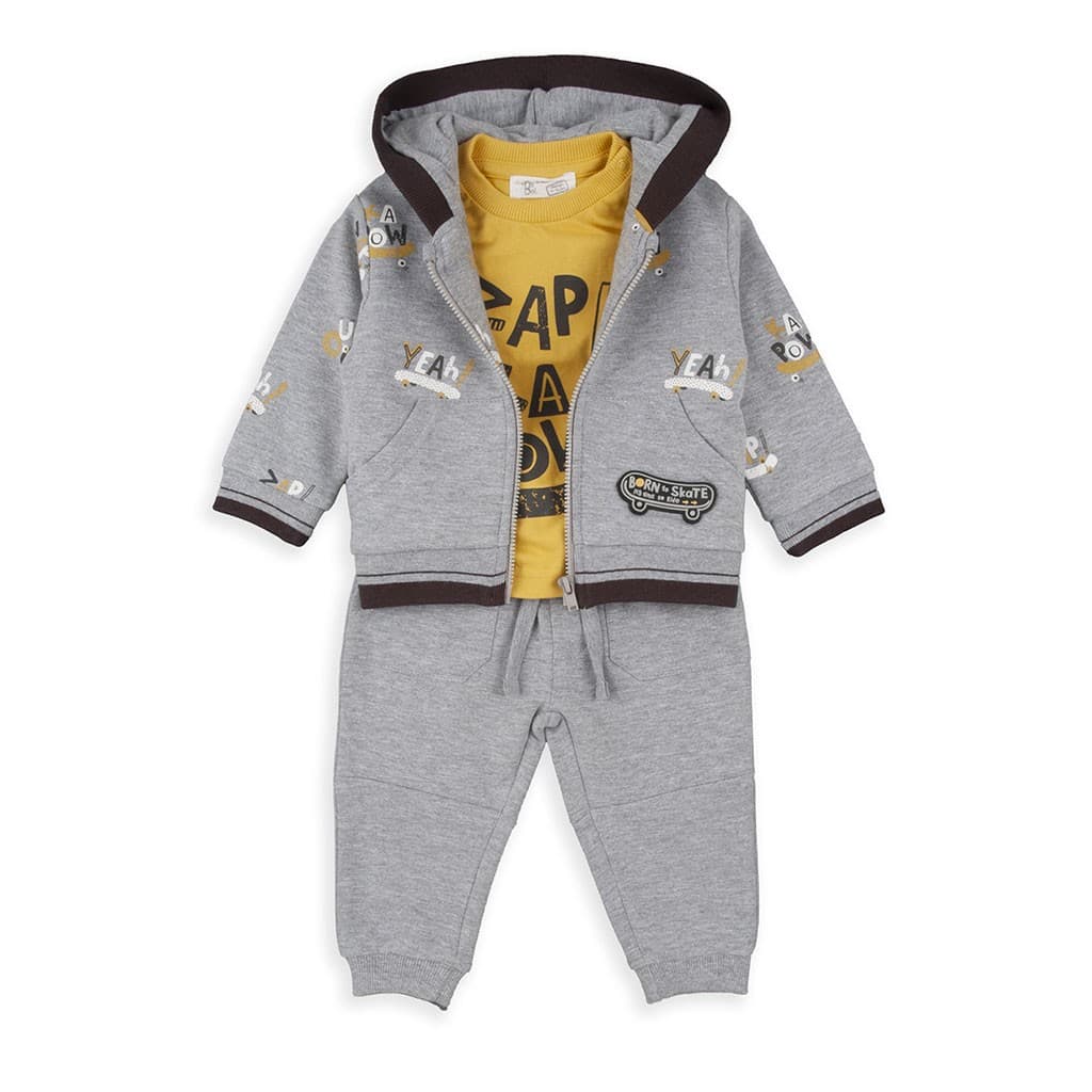 Chándal bebé 3 piezas Baby Bol con sudadera, camiseta mostaza y pantalón gris 252037