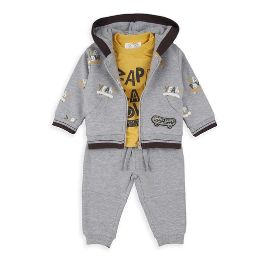 Chándal bebé 3 piezas Baby Bol con sudadera, camiseta mostaza y pantalón gris 252037